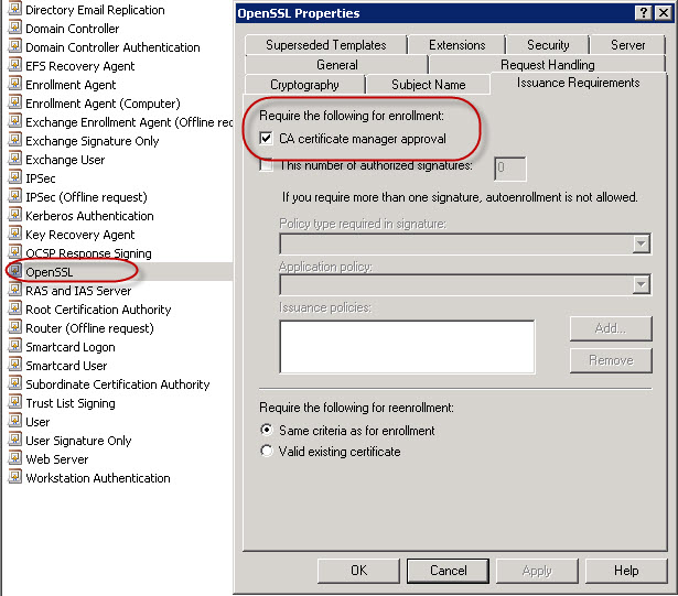 OpenSSL Certificate Template Properties - CA Manager Approval