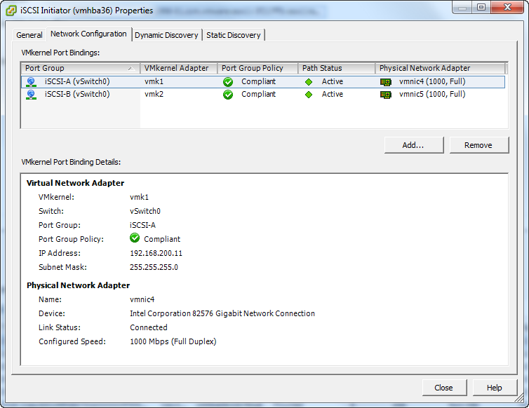 vSphere 5 iSCSI Initiator VMkernel Port Bindings