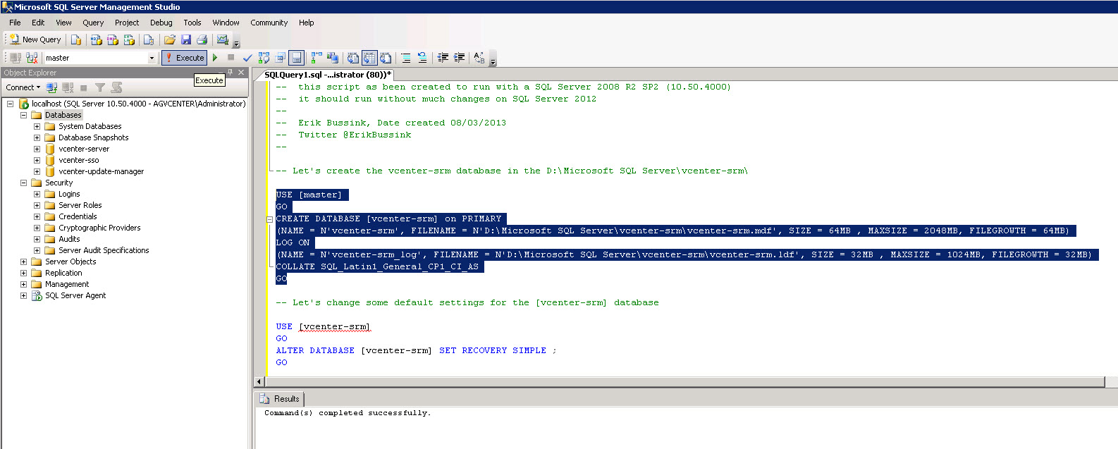 Vcenter srm 5 1 database creation using transact sql erik bussink