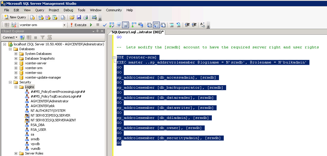 vCenter SRM 5.1 database creation using Transact-SQL | Erik Bussink